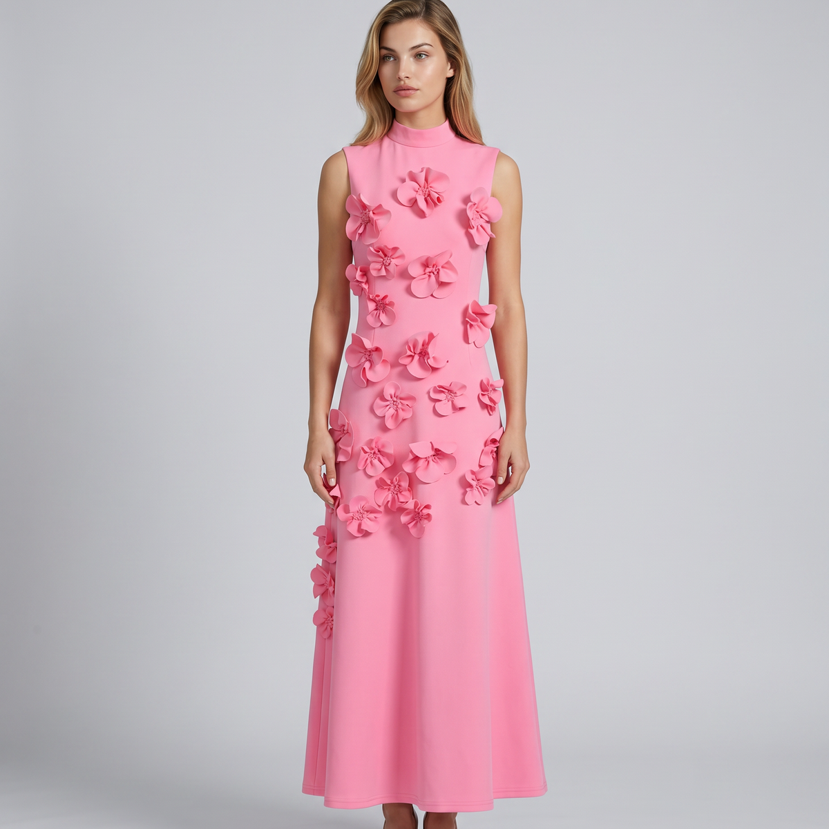 Shelia | Maxi Dress with Floral Appliqué and High Neck