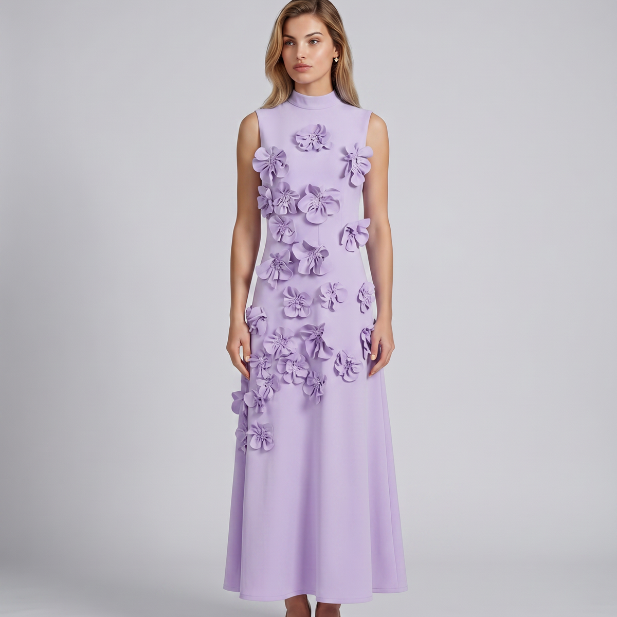 Shelia | Maxi Dress with Floral Appliqué and High Neck