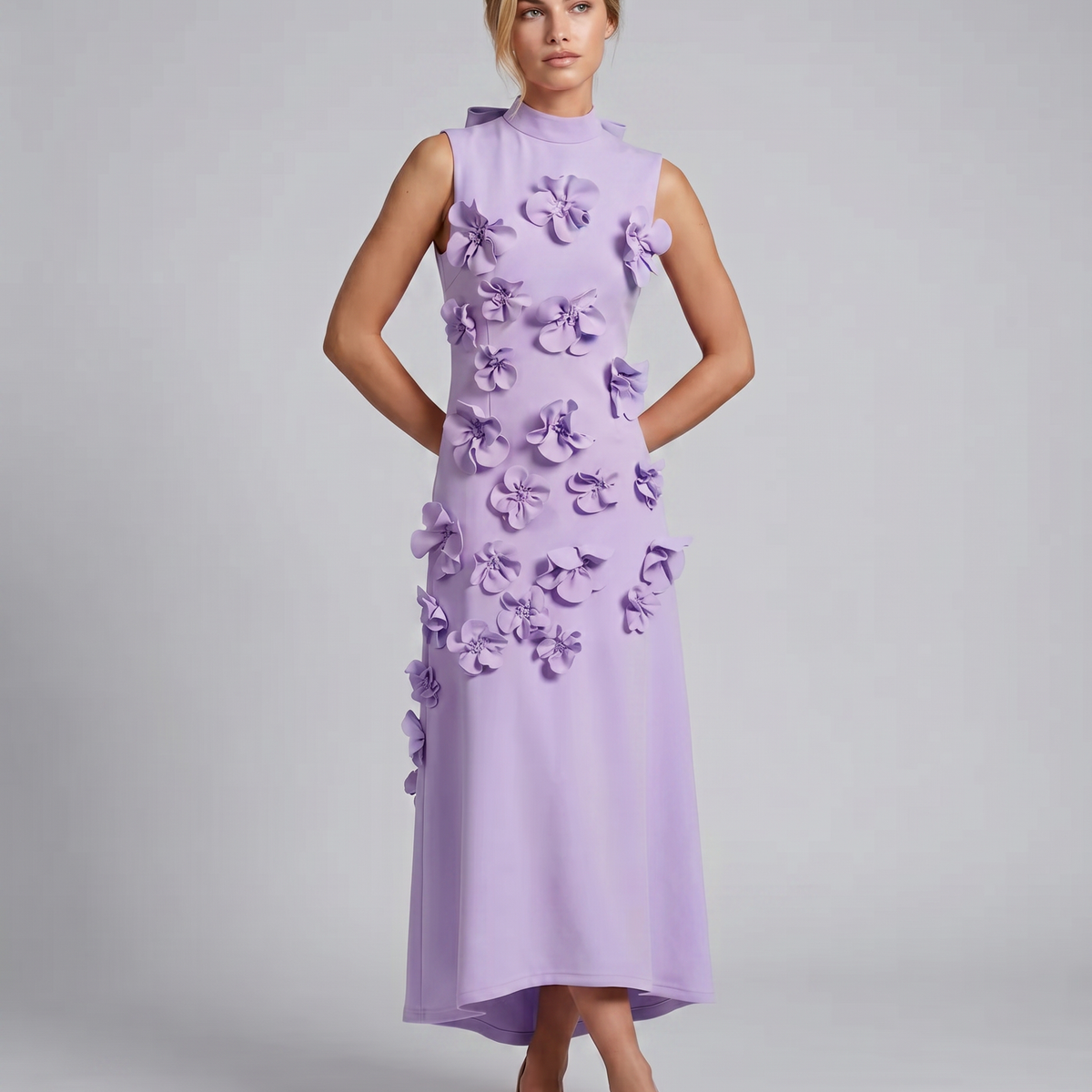 Shelia | Maxi Dress with Floral Appliqué and High Neck