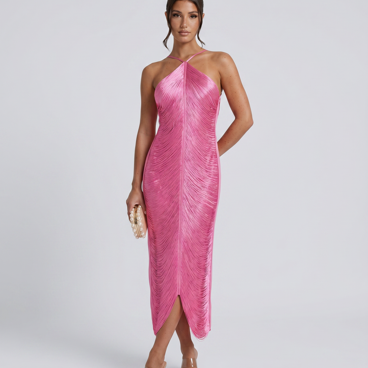 Renata | Halter Gown with Fringe Detail and Open Back