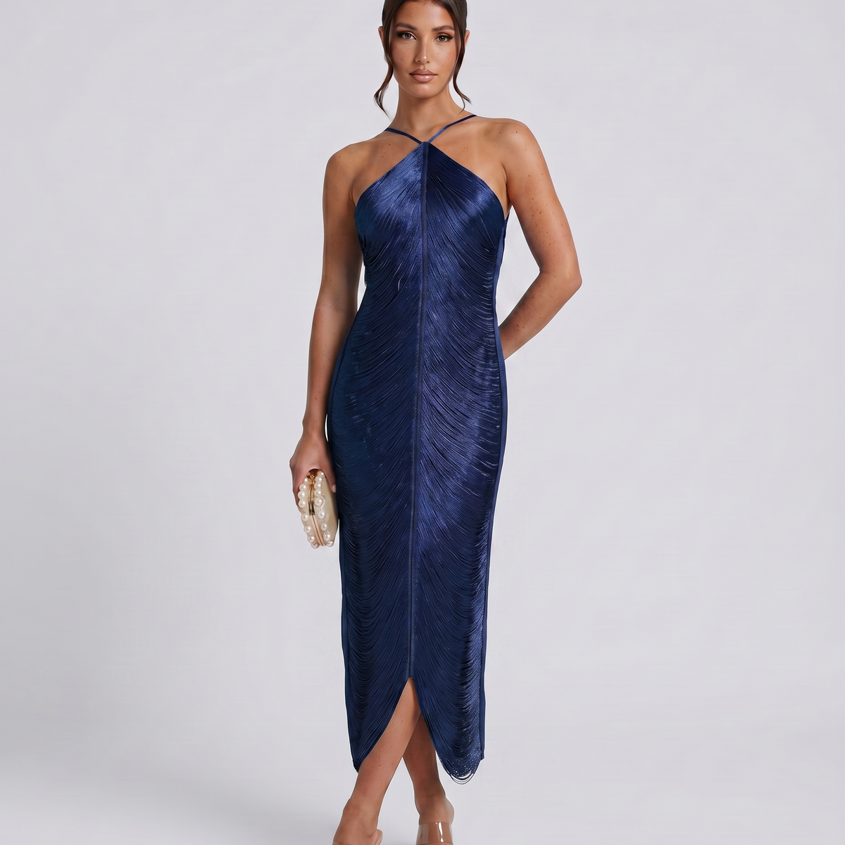 Renata | Halter Gown with Fringe Detail and Open Back