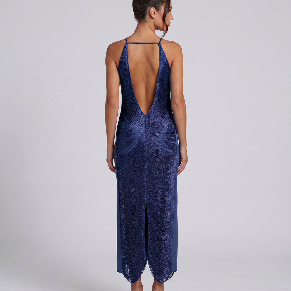 Renata | Halter Gown with Fringe Detail and Open Back
