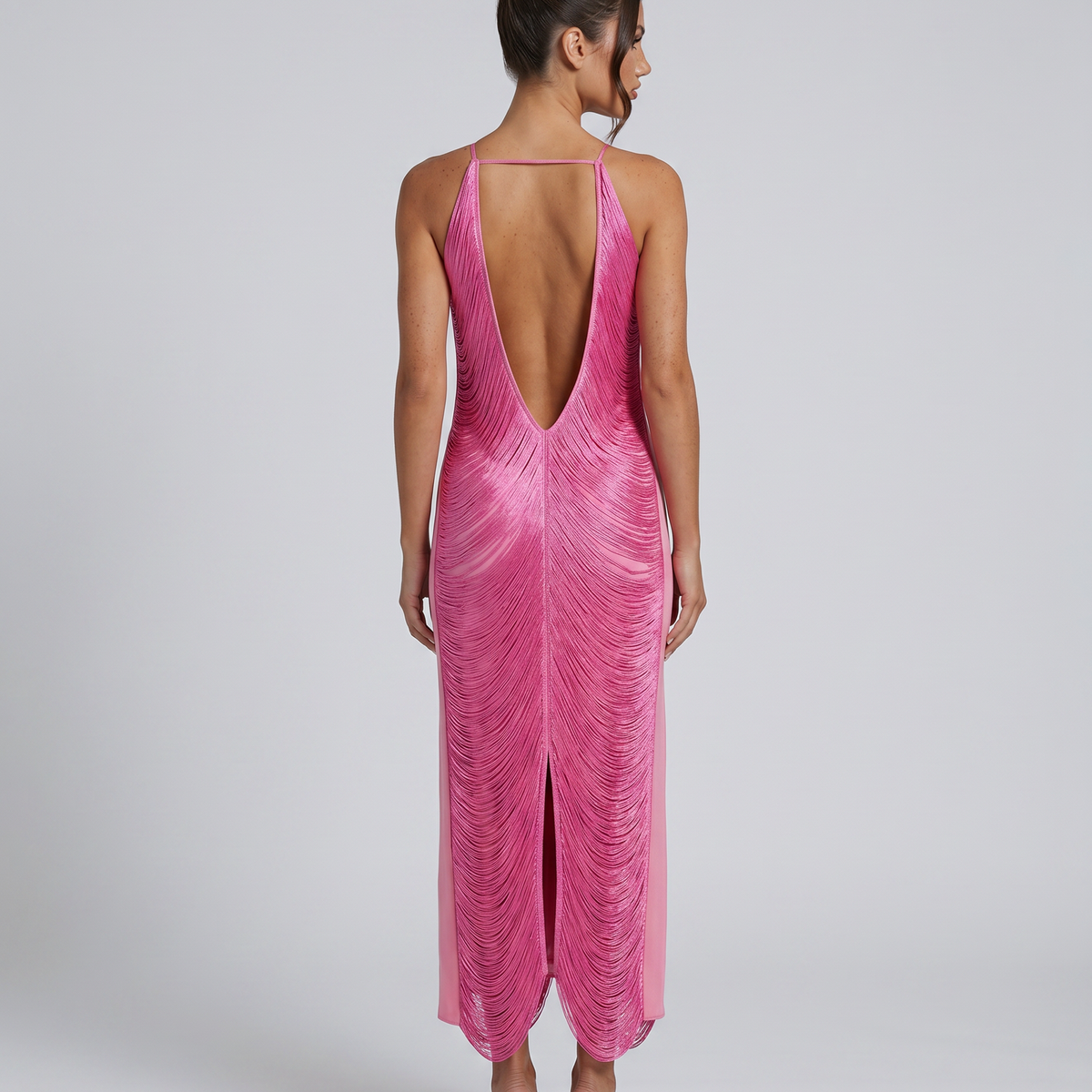 Renata | Halter Gown with Fringe Detail and Open Back