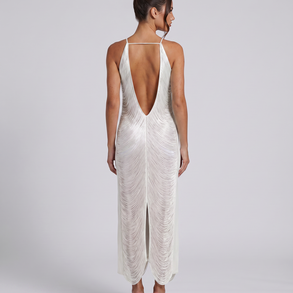 Renata | Halter Gown with Fringe Detail and Open Back
