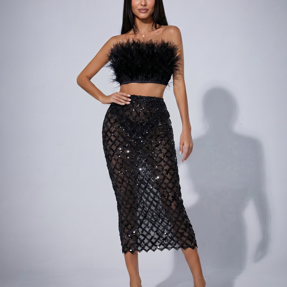 Ansley | Strapless Feather Top and Sequin Mesh Skirt Set