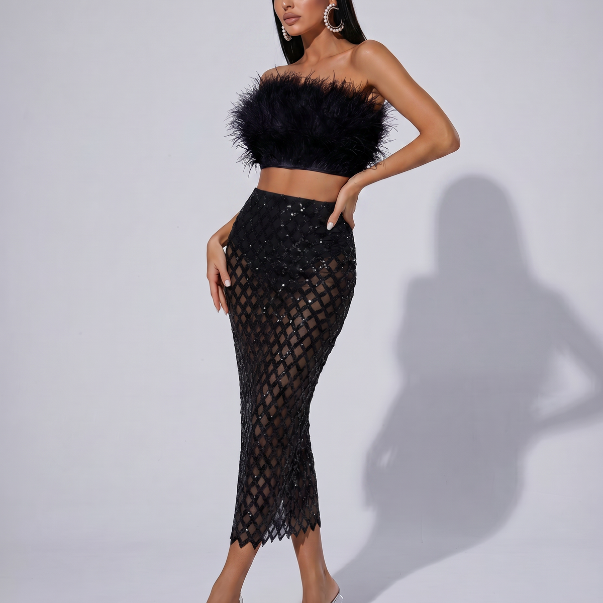 Ansley | Strapless Feather Top and Sequin Mesh Skirt Set