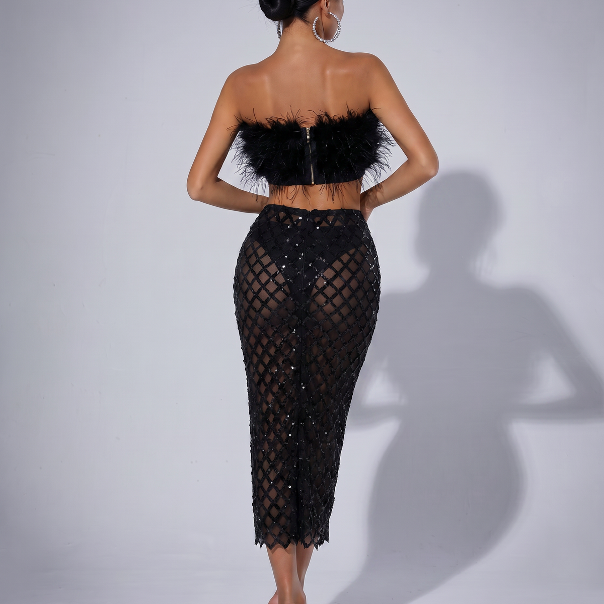 Ansley | Strapless Feather Top and Sequin Mesh Skirt Set
