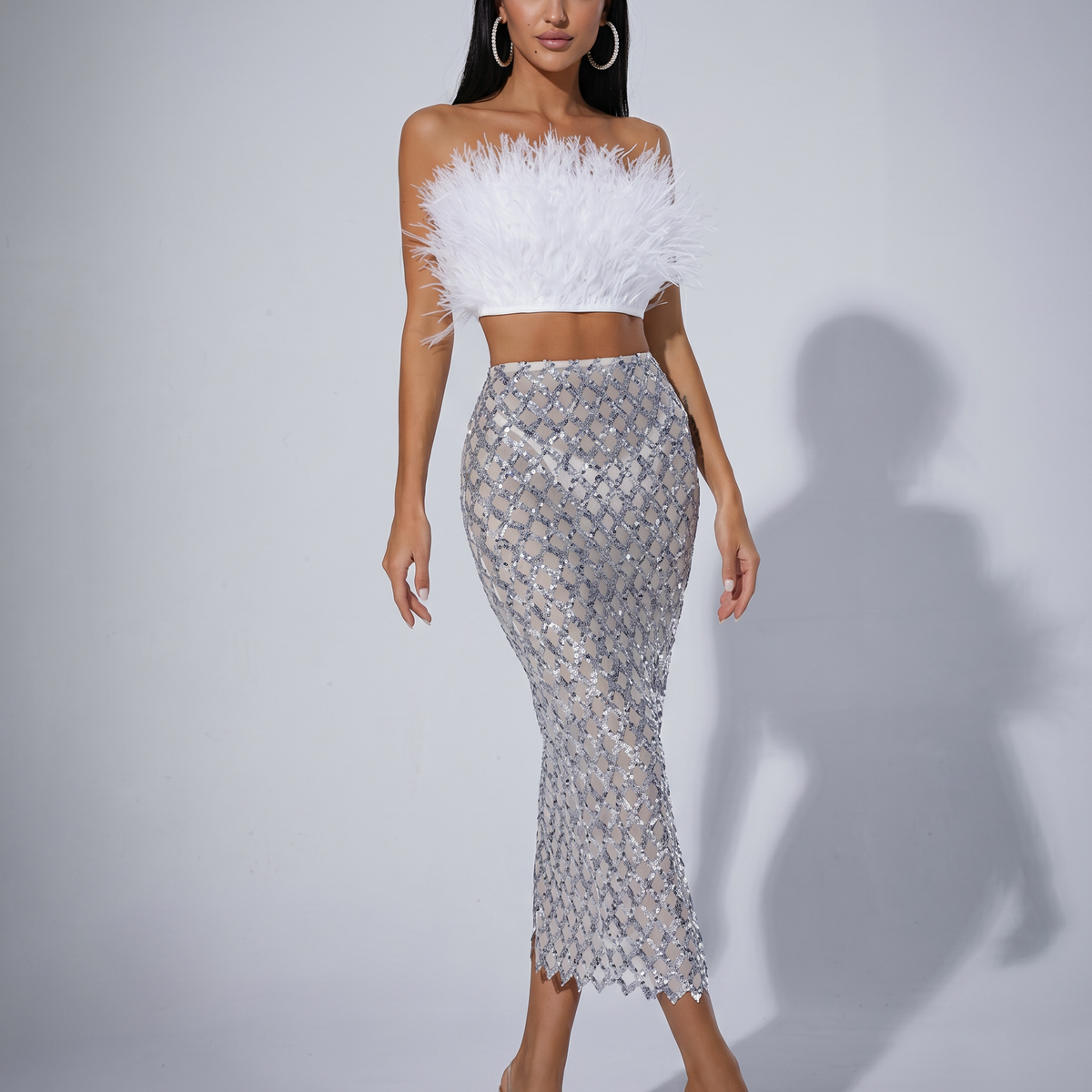 Ansley | Strapless Feather Top and Sequin Mesh Skirt Set