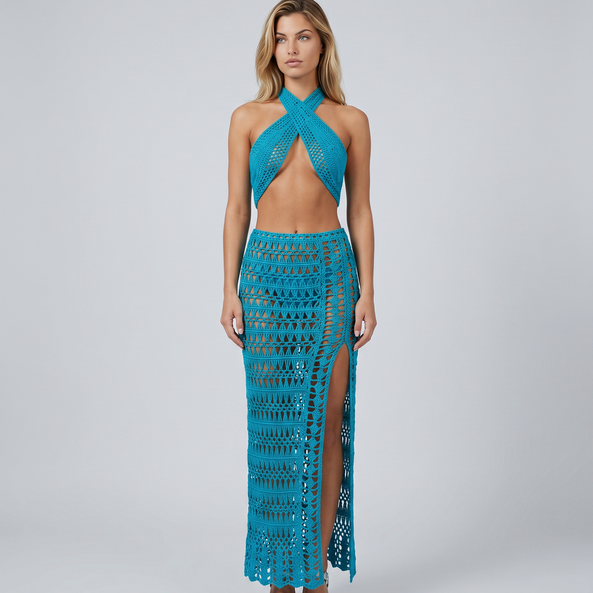 Anne | Crochet Knit Two-Piece Set with Halter Top