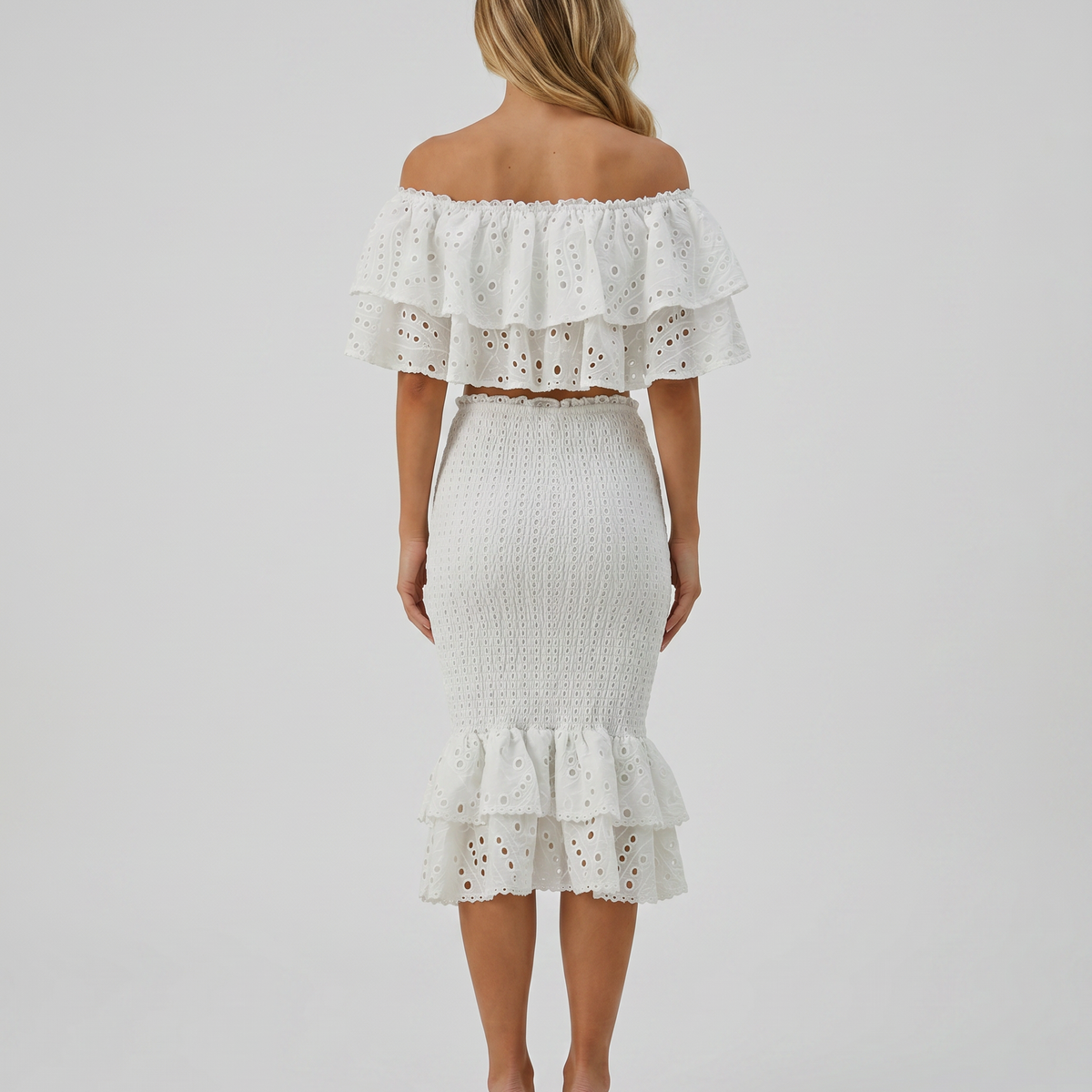 Liorah | Embroidered Ruffle Top and Midi Skirt Set