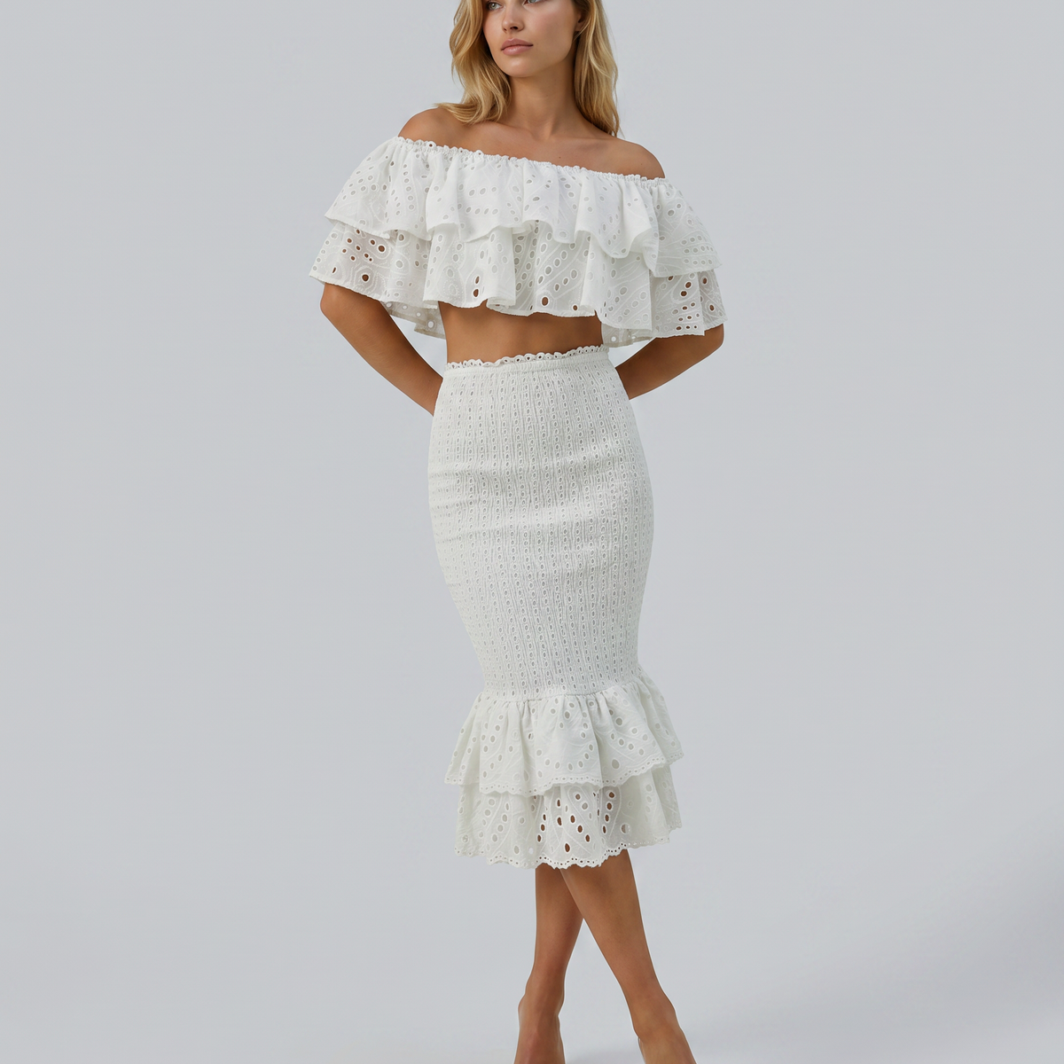 Liorah | Embroidered Ruffle Top and Midi Skirt Set