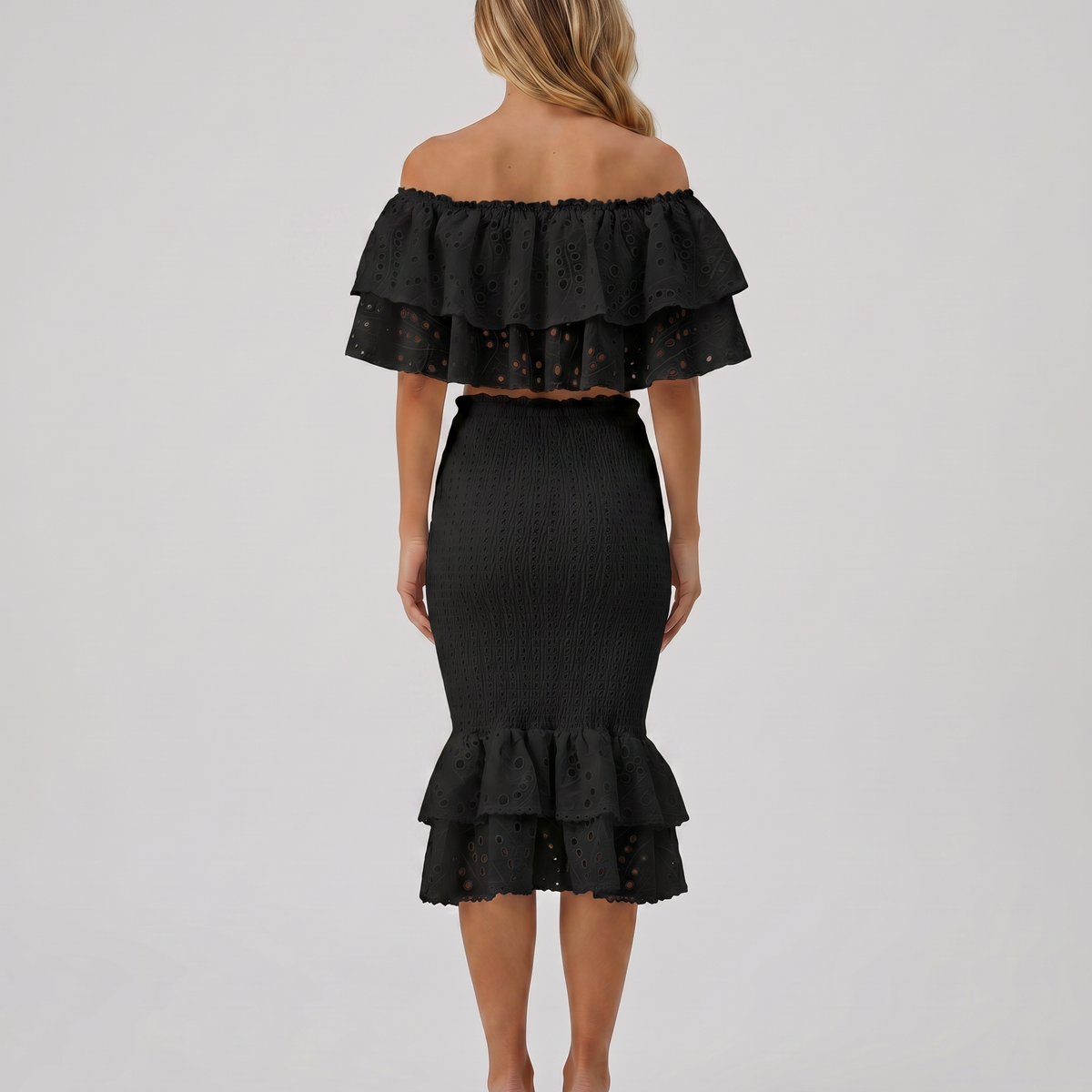 Liorah | Embroidered Ruffle Top and Midi Skirt Set