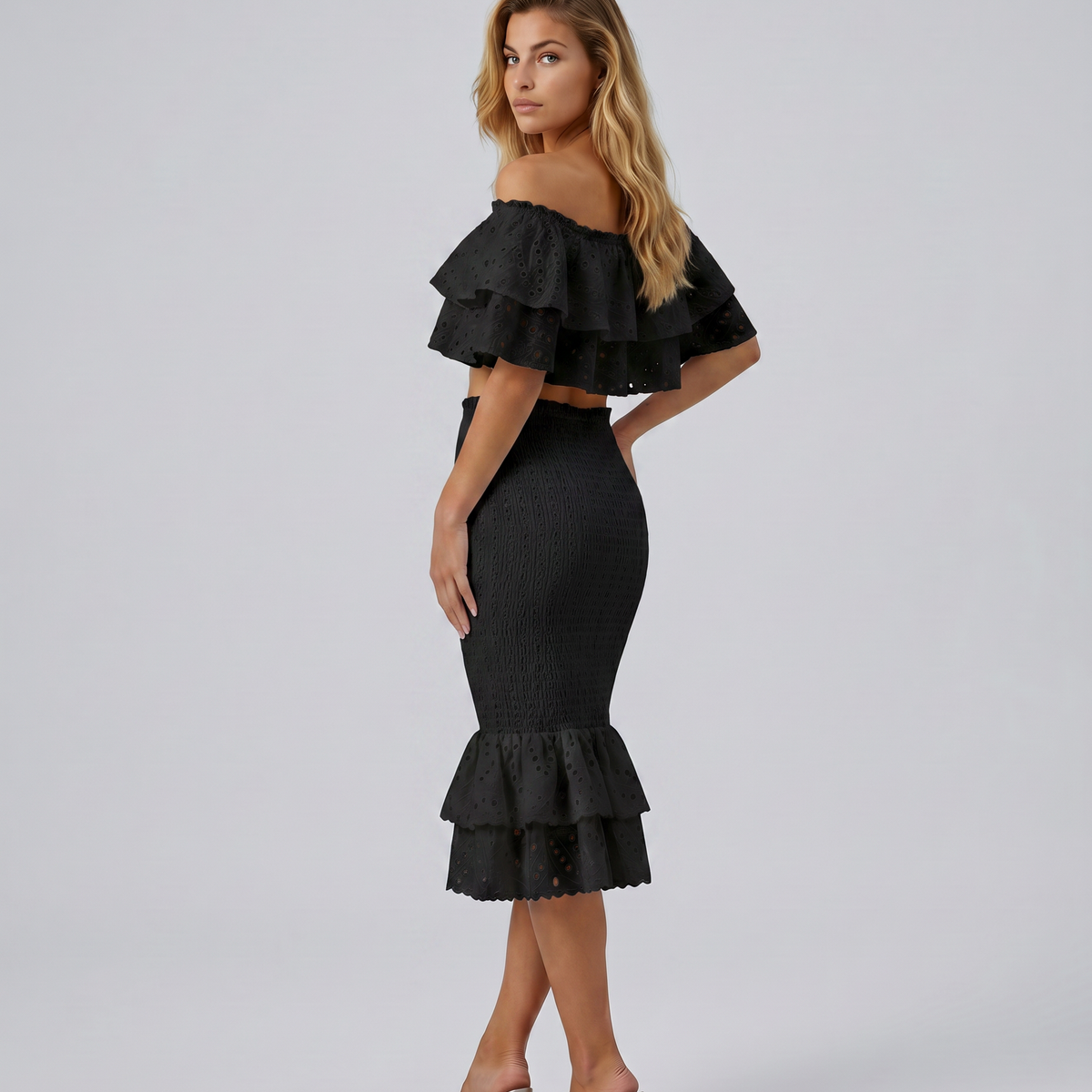 Liorah | Embroidered Ruffle Top and Midi Skirt Set
