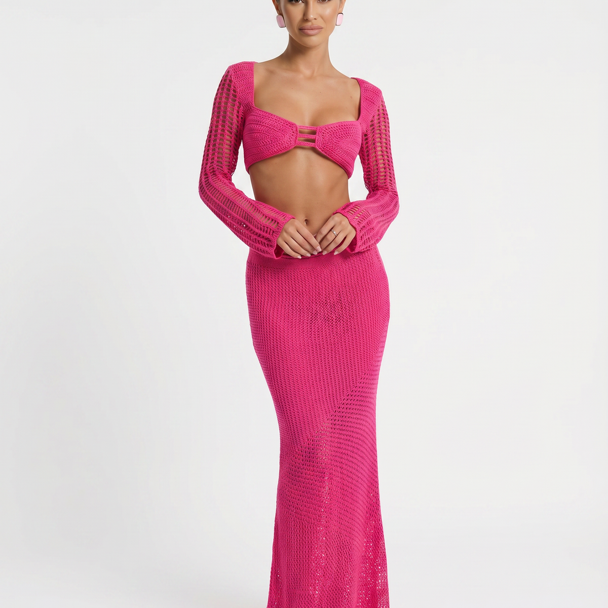 Reba | Crochet Knit Two-Piece Set with Long Sleeve Top