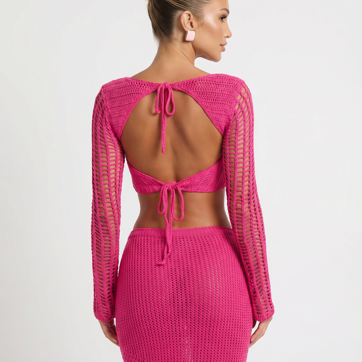 Reba | Crochet Knit Two-Piece Set with Long Sleeve Top
