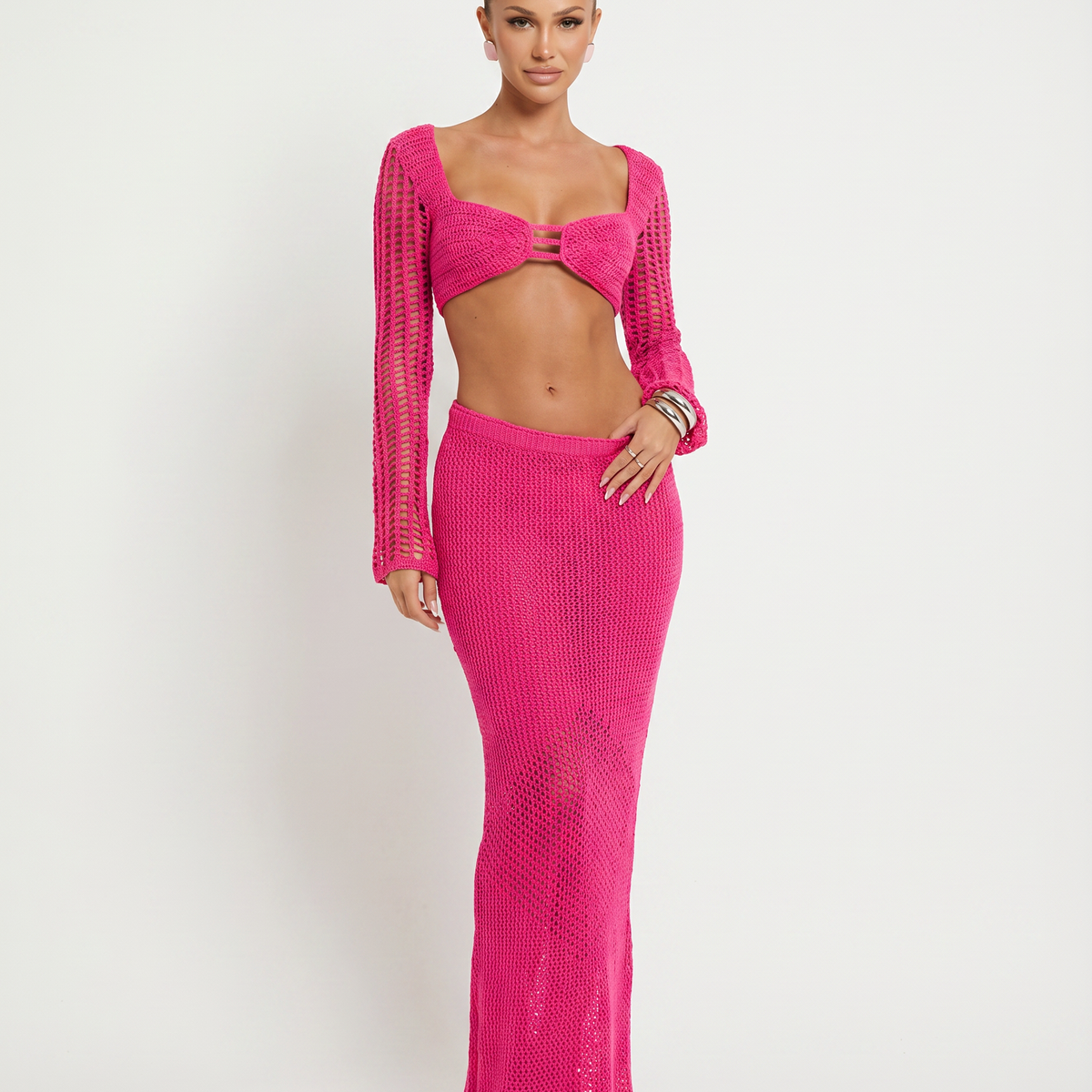 Reba | Crochet Knit Two-Piece Set with Long Sleeve Top