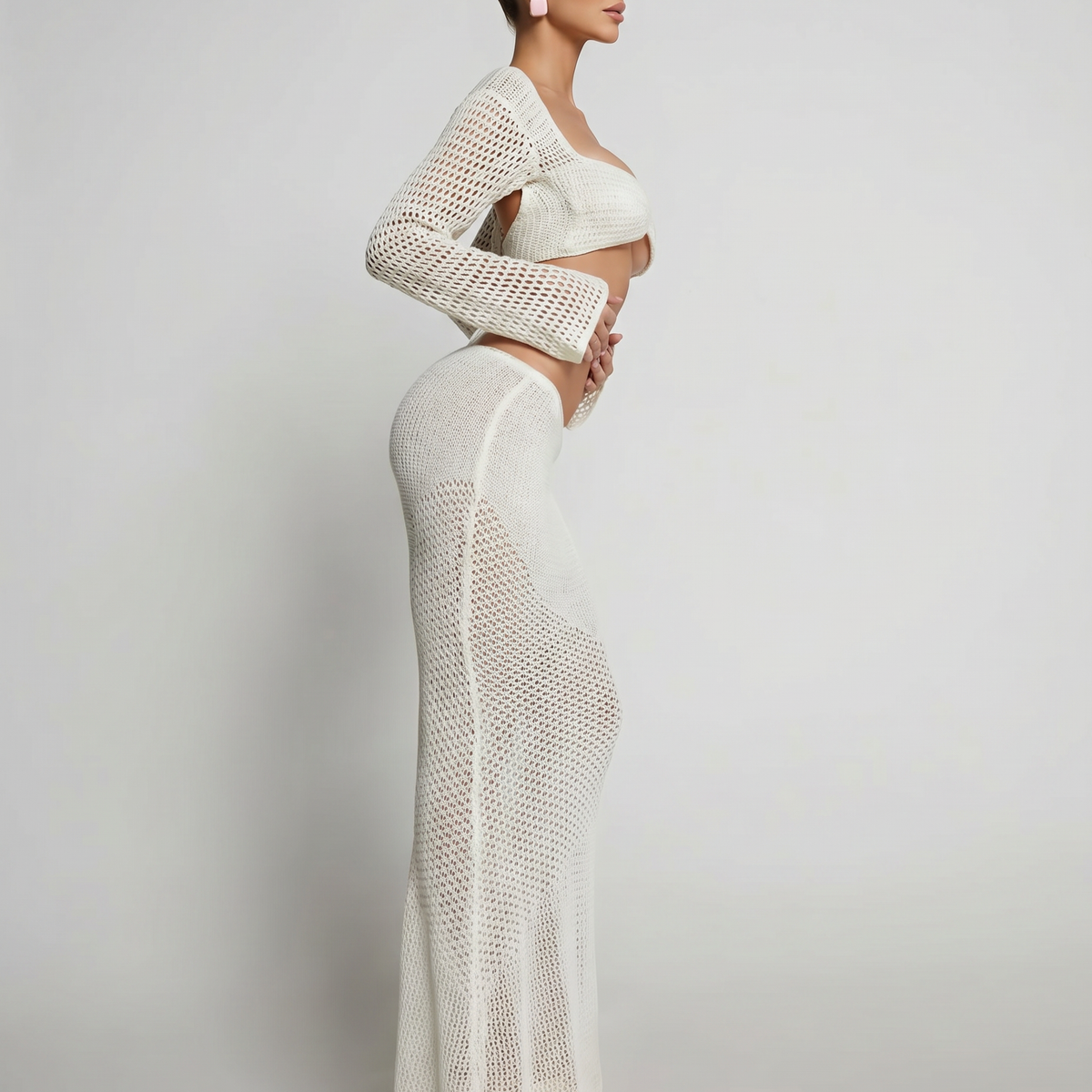Reba | Crochet Knit Two-Piece Set with Long Sleeve Top