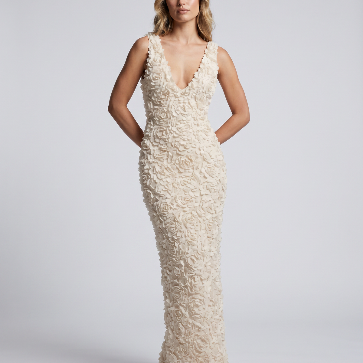 Evania | Sleeveless Maxi Dress with 3D Floral Appliqué