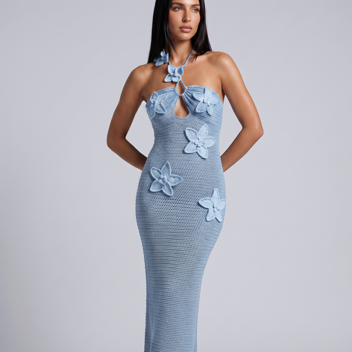Solene | Crochet Maxi Dress with Floral Applique