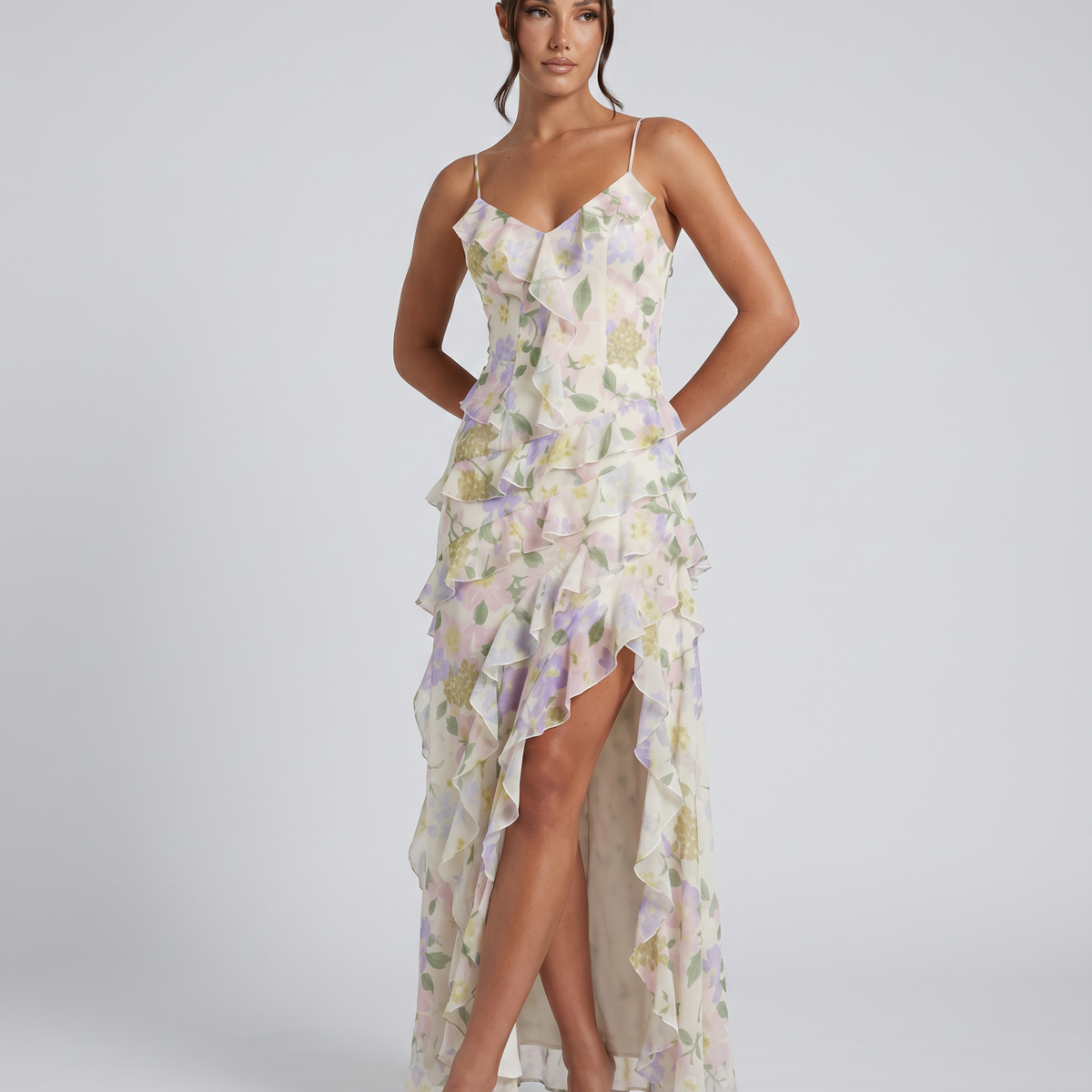 Drusilla | Floral Maxi Dress with Asymmetrical Ruffles