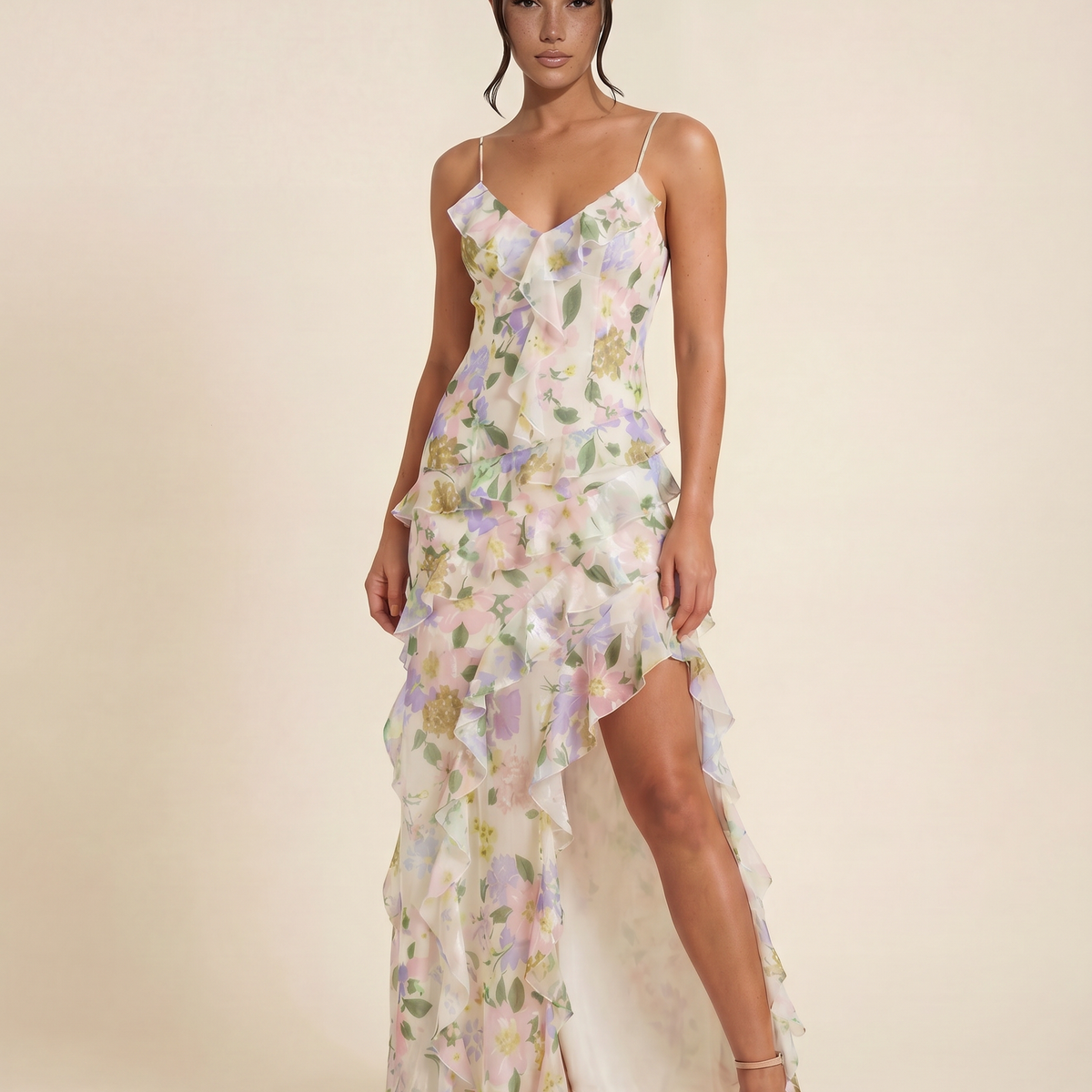 Drusilla | Floral Maxi Dress with Asymmetrical Ruffles
