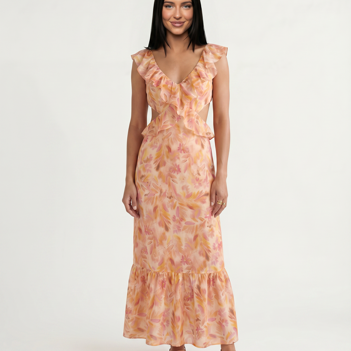 Isabella | Maxi Dress with Floral Print and Ruffle Cut-Out