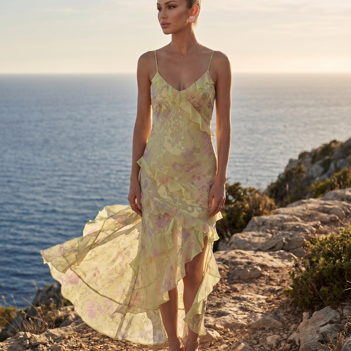 Indigo | Sheer Maxi Dress with Tiered Ruffles