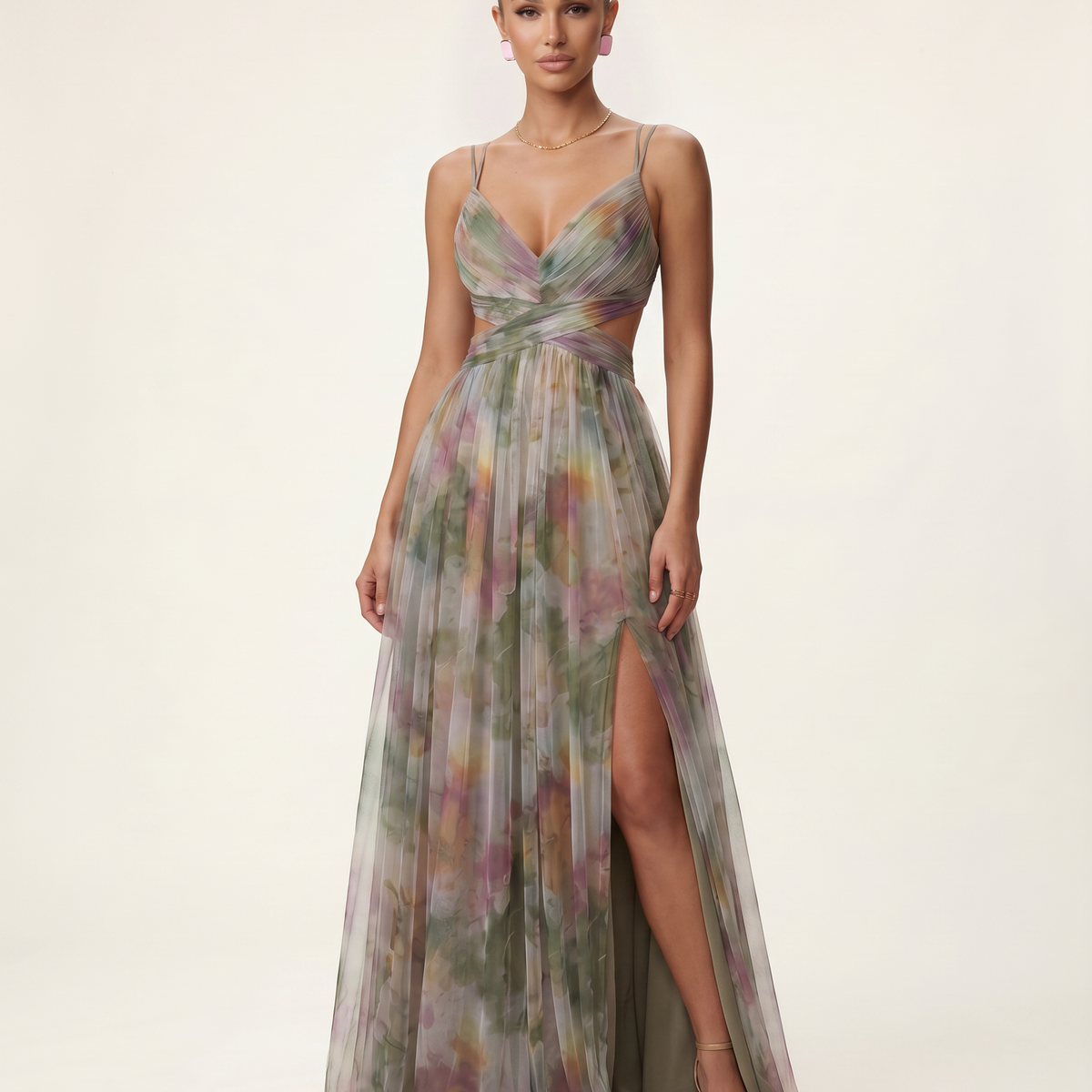 Colby | Maxi Dress with Watercolour Floral Print and Pleats