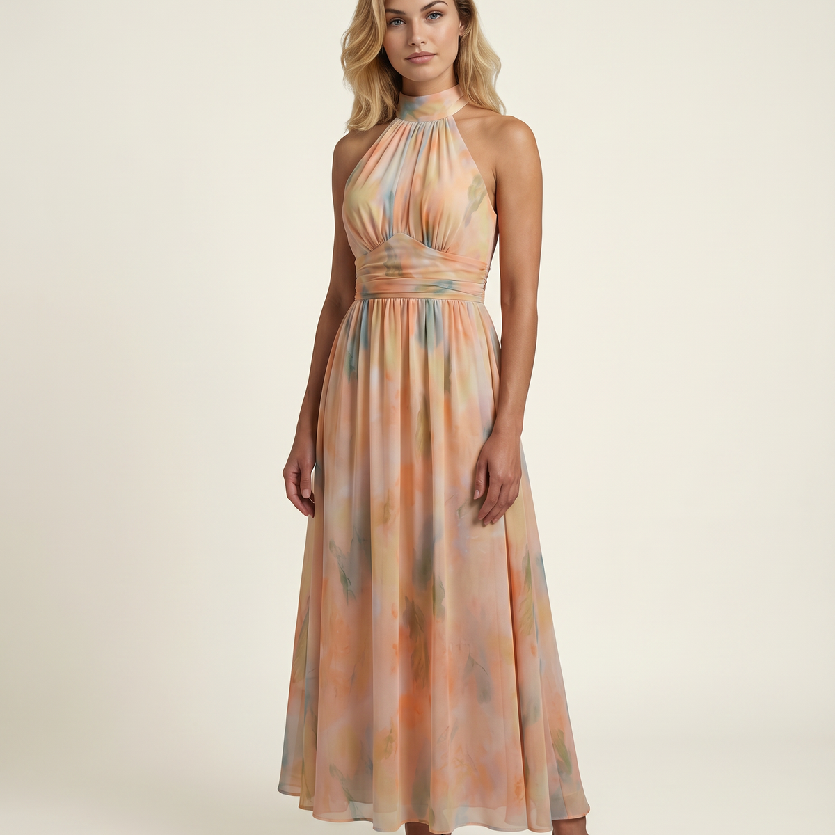 Felecia | Maxi Dress with Watercolour Print and Halter Neck