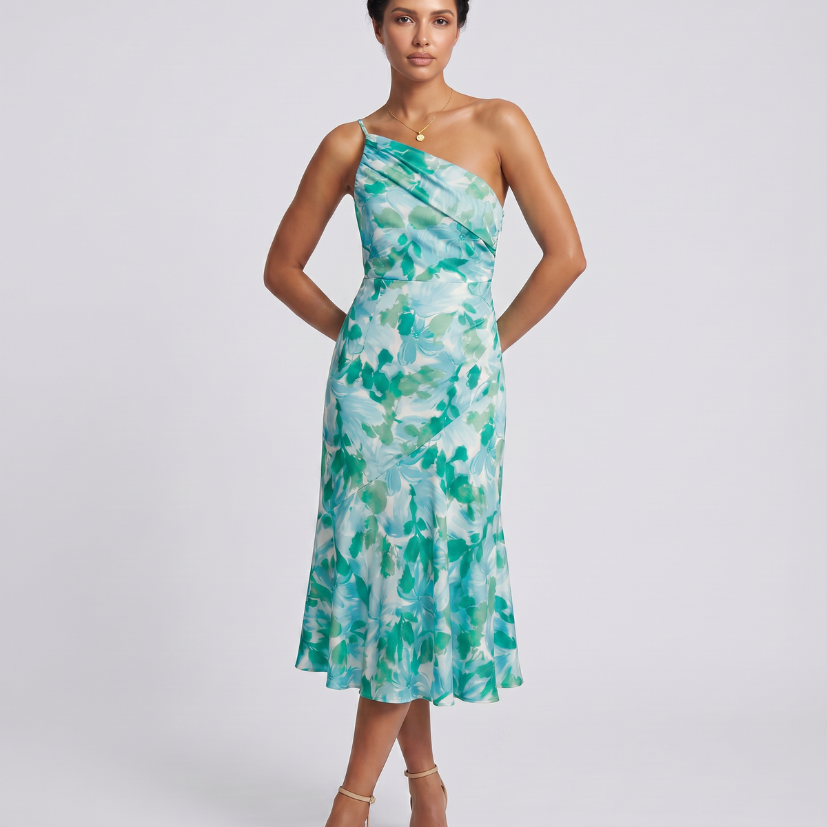 Nerissa | Midi Dress with One-Shoulder Floral Print
