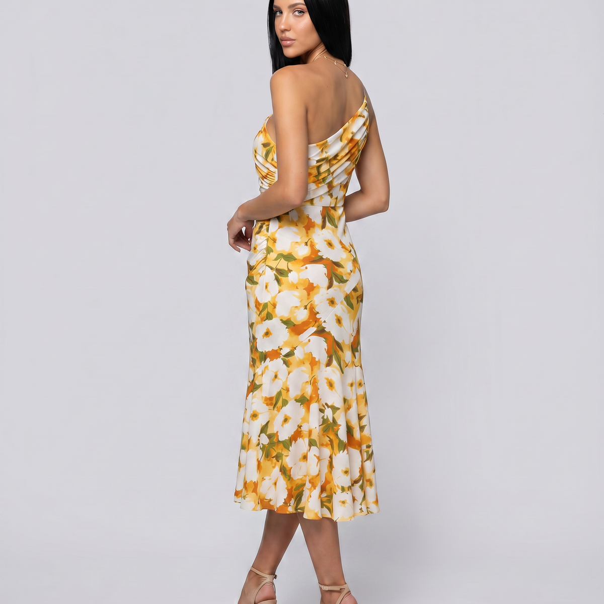 Nerissa | Midi Dress with One-Shoulder Floral Print