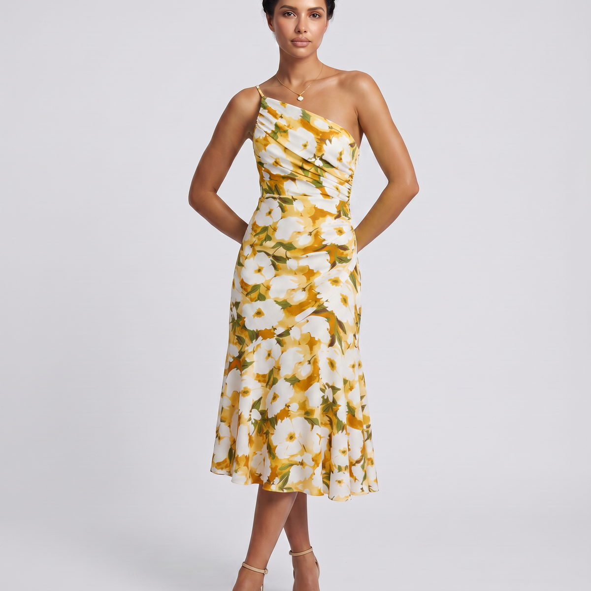 Nerissa | Midi Dress with One-Shoulder Floral Print