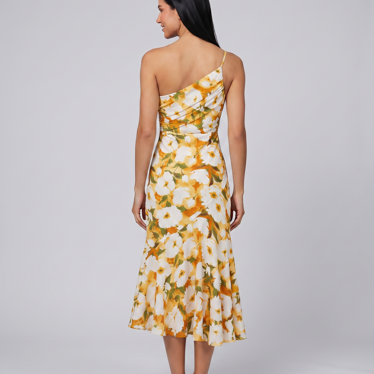 Nerissa | Midi Dress with One-Shoulder Floral Print