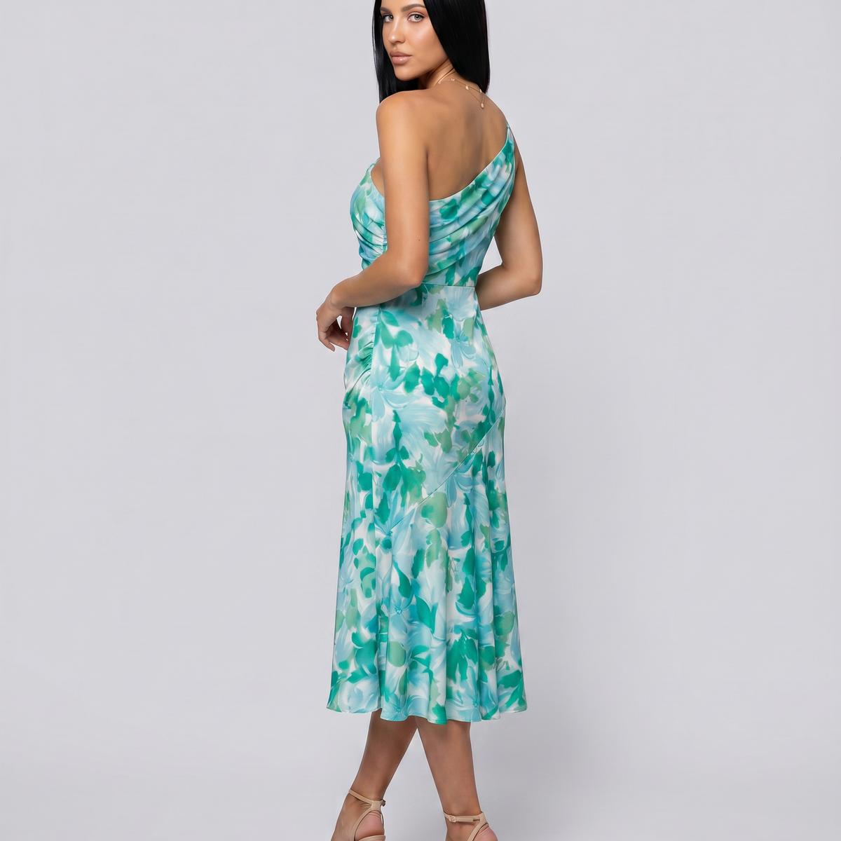 Nerissa | Midi Dress with One-Shoulder Floral Print