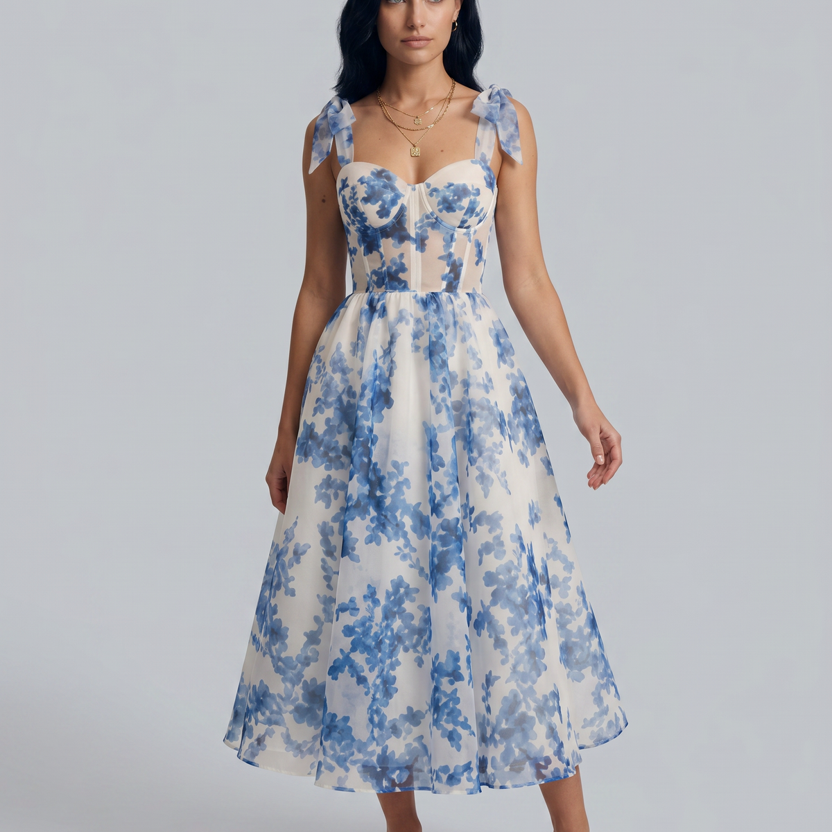 Fiora | Midi Dress with Corset Bodice and Tie Straps