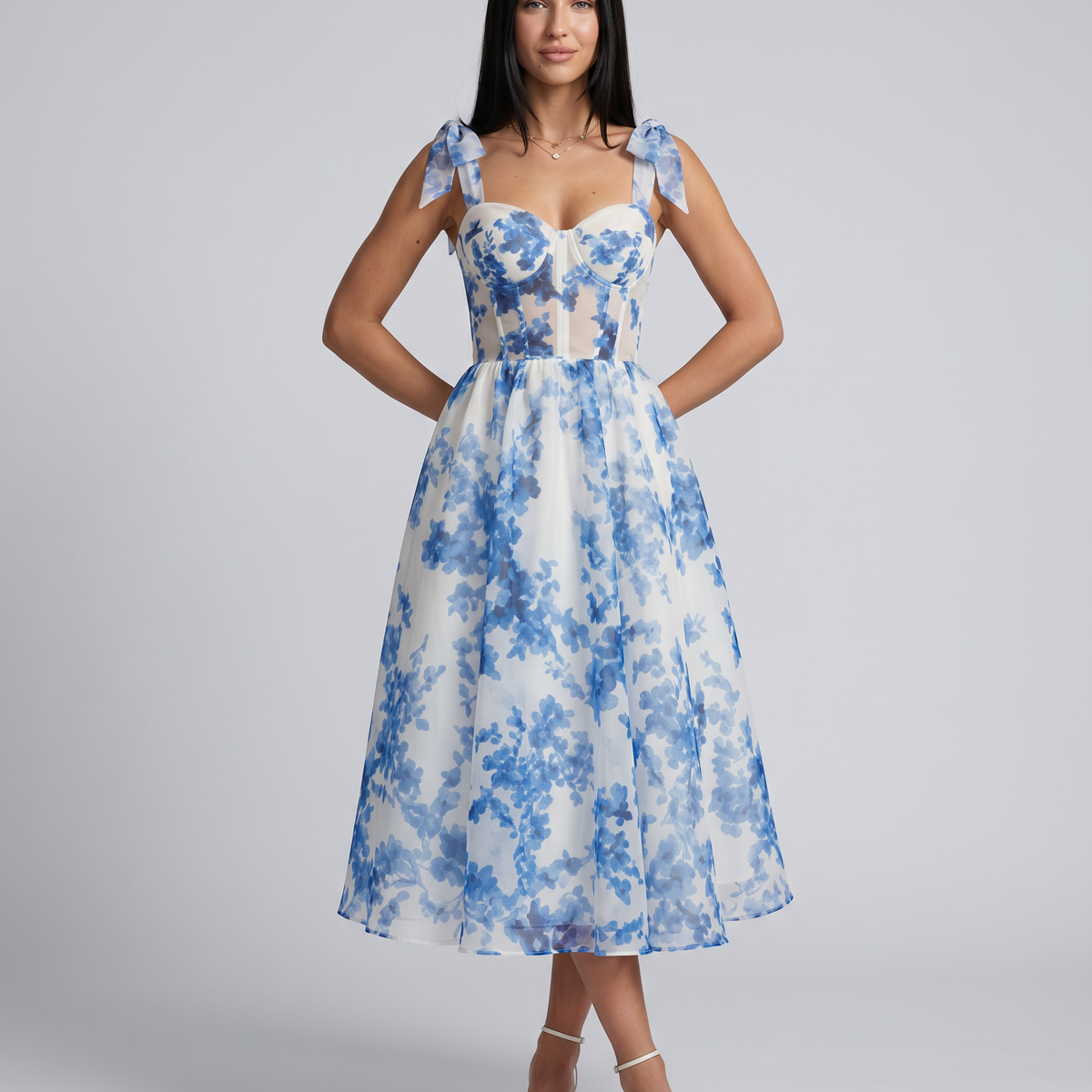 Fiora | Midi Dress with Corset Bodice and Tie Straps