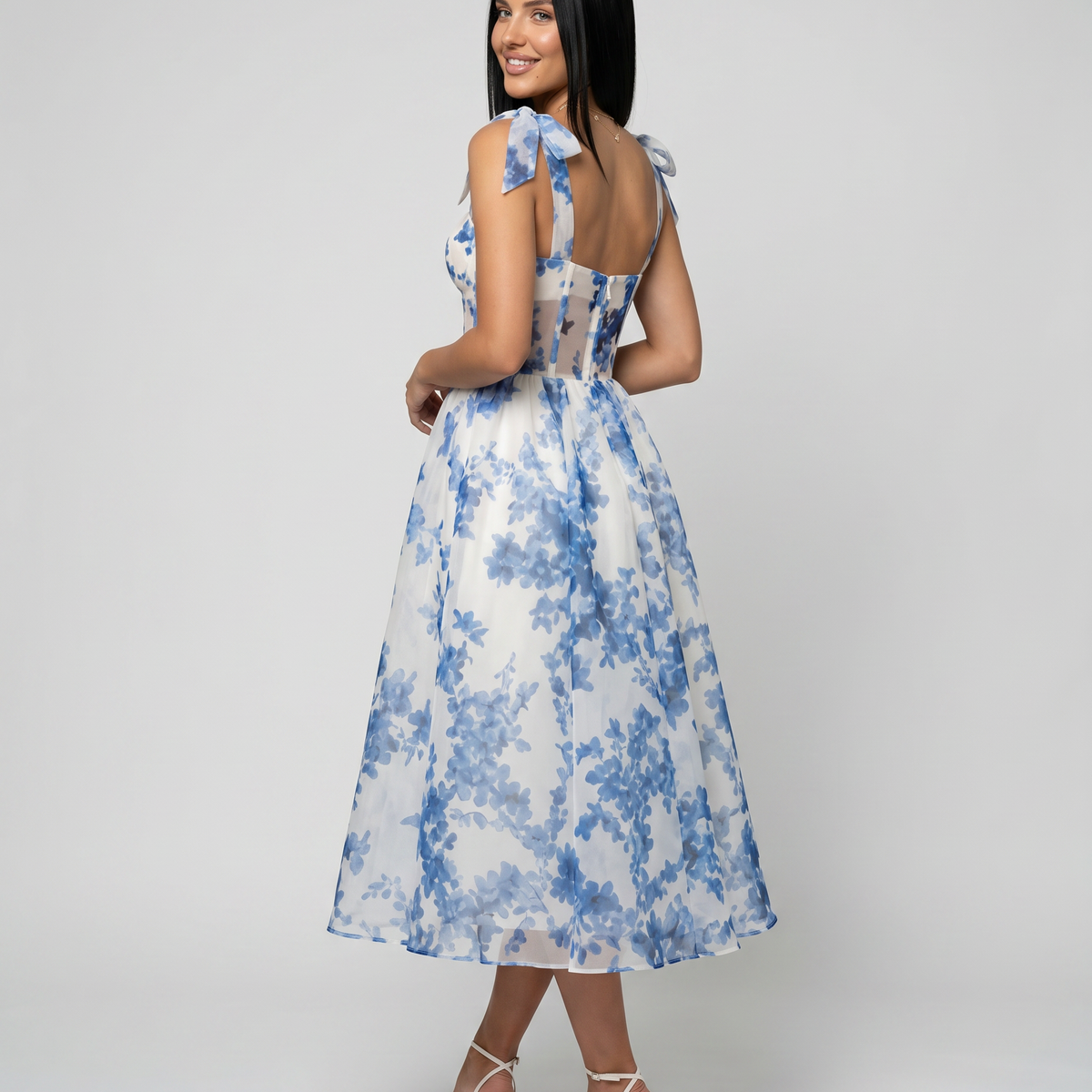 Fiora | Midi Dress with Corset Bodice and Tie Straps