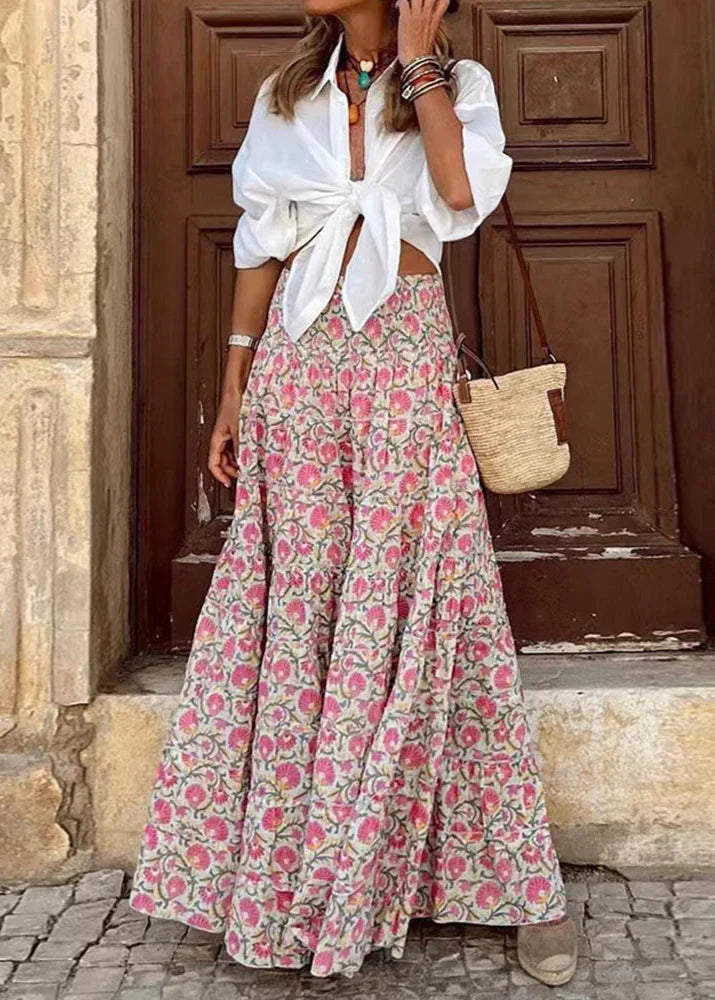 Pink Floral High Waist A-Line Maxi Skirt | Felina Collection 0