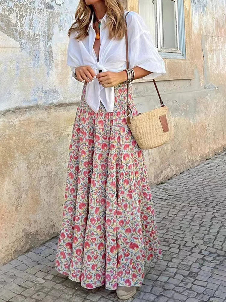Pink Floral High Waist A-Line Maxi Skirt | Felina Collection 1