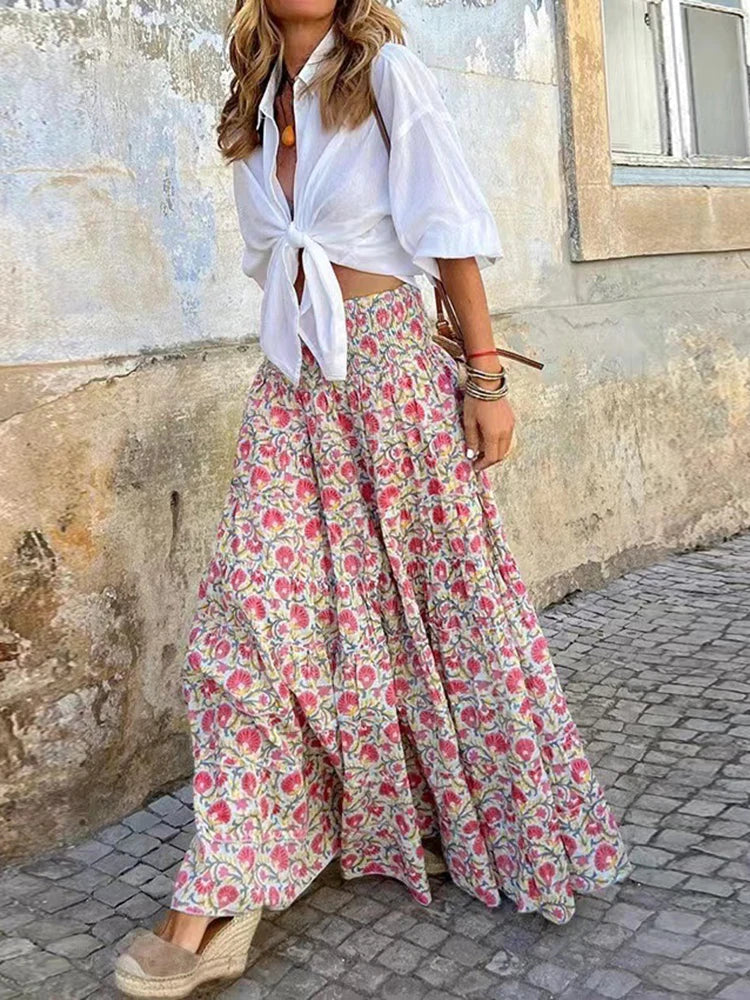 Pink Floral High Waist A-Line Maxi Skirt | Felina Collection 2