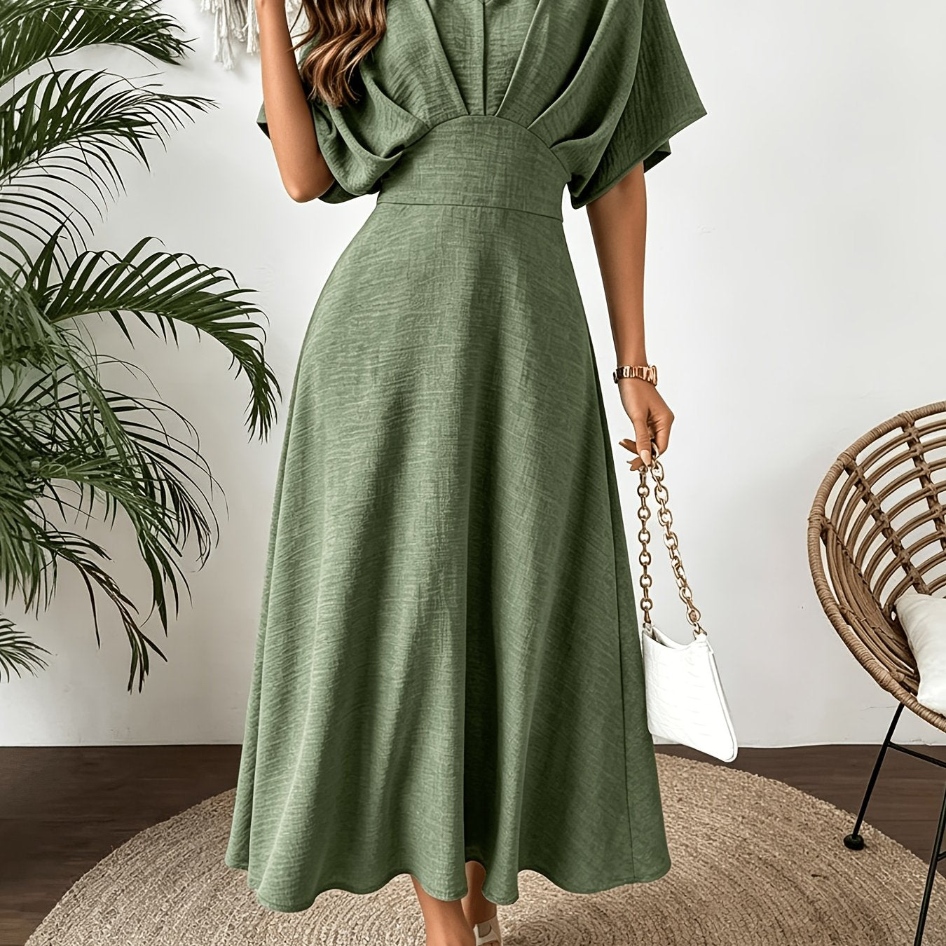 Ruffle V-Neck Batwing Sleeve A-Line Midi Dress | Bellezza Collection 0