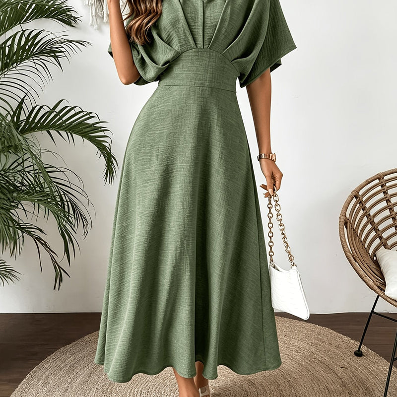 Ruffle V-Neck Batwing Sleeve A-Line Midi Dress | Bellezza Collection 0