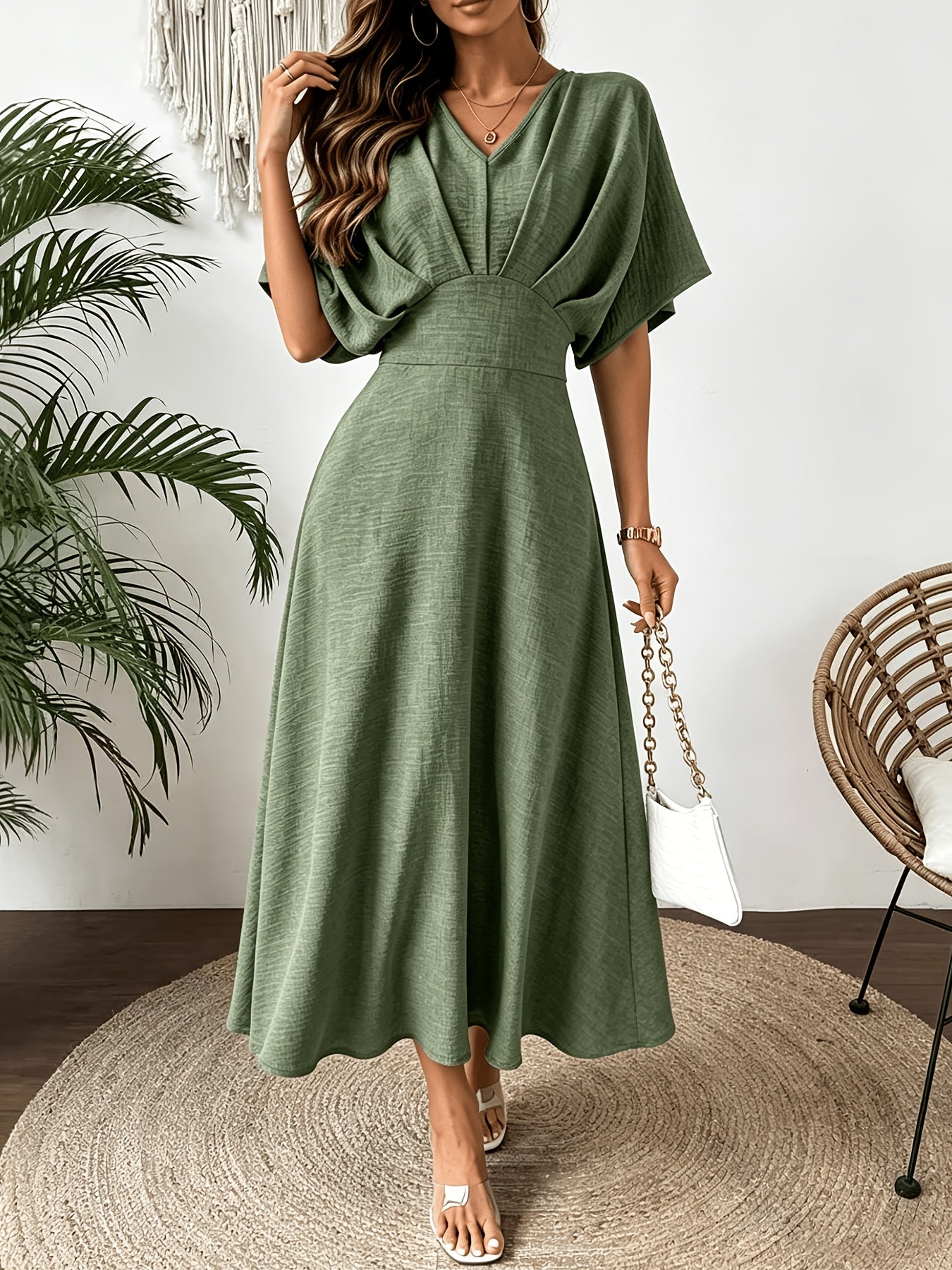 Ruffle V-Neck Batwing Sleeve A-Line Midi Dress | Bellezza Collection 1