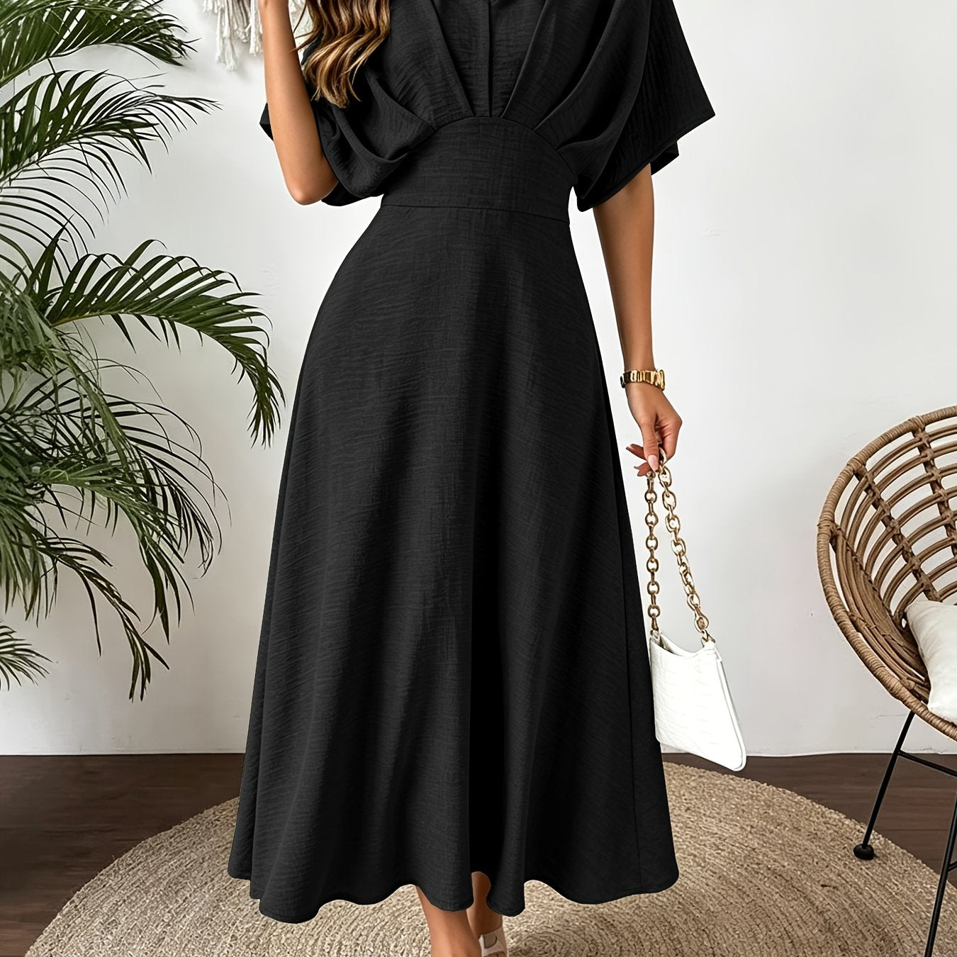 Ruffle V-Neck Batwing Sleeve A-Line Midi Dress | Bellezza Collection 10