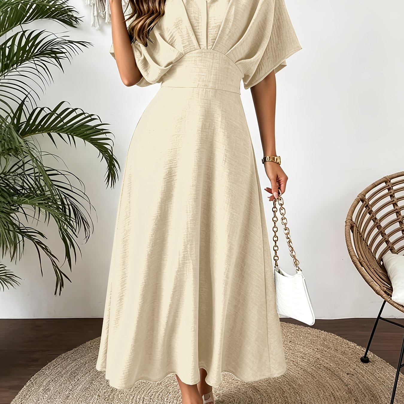 Ruffle V-Neck Batwing Sleeve A-Line Midi Dress | Bellezza Collection 11