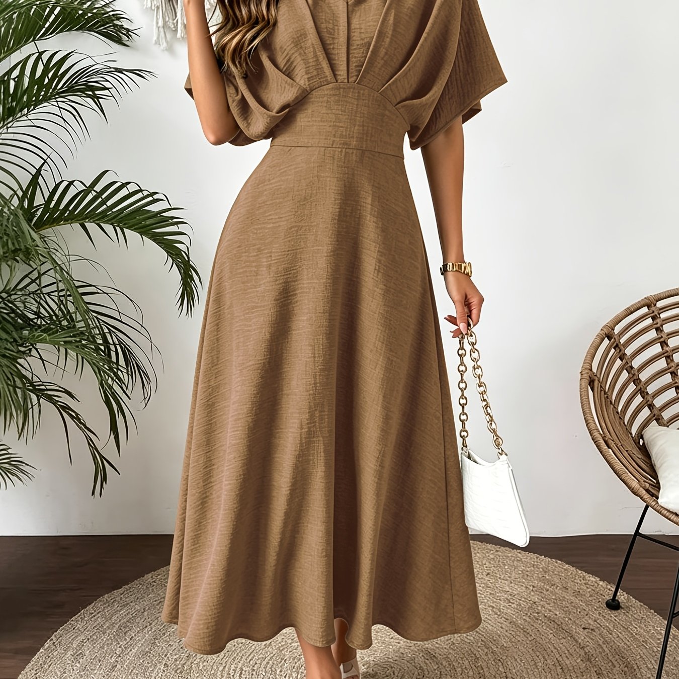 Ruffle V-Neck Batwing Sleeve A-Line Midi Dress | Bellezza Collection 12