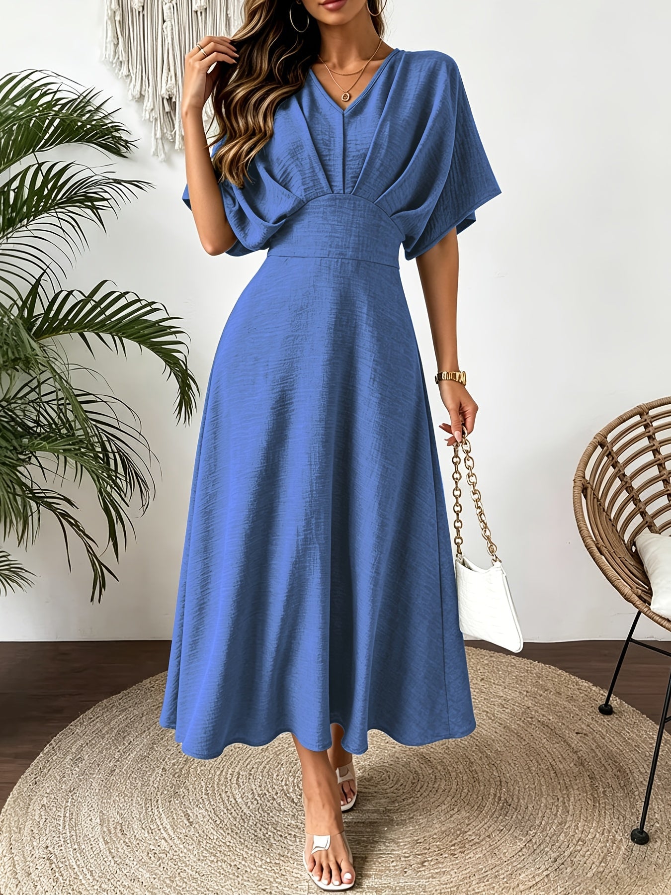 Ruffle V-Neck Batwing Sleeve A-Line Midi Dress | Bellezza Collection 2