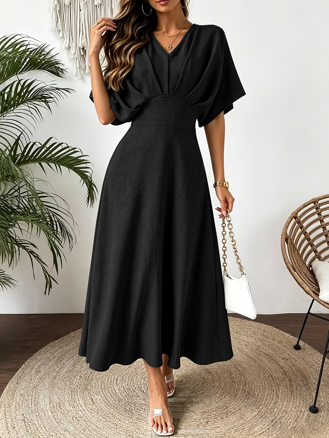 Ruffle V-Neck Batwing Sleeve A-Line Midi Dress | Bellezza Collection 4