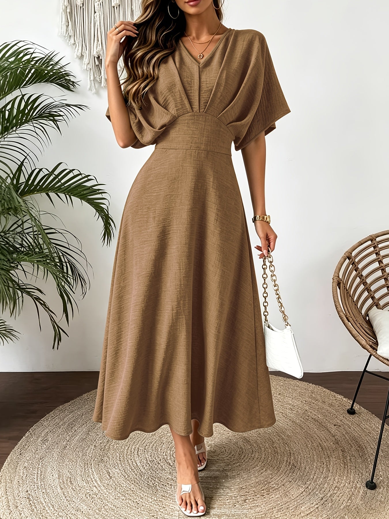 Ruffle V-Neck Batwing Sleeve A-Line Midi Dress | Bellezza Collection 5
