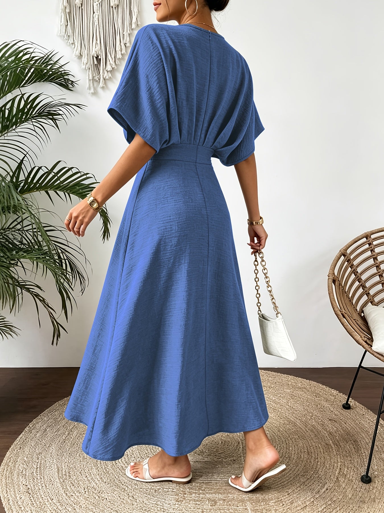 Ruffle V-Neck Batwing Sleeve A-Line Midi Dress | Bellezza Collection 6